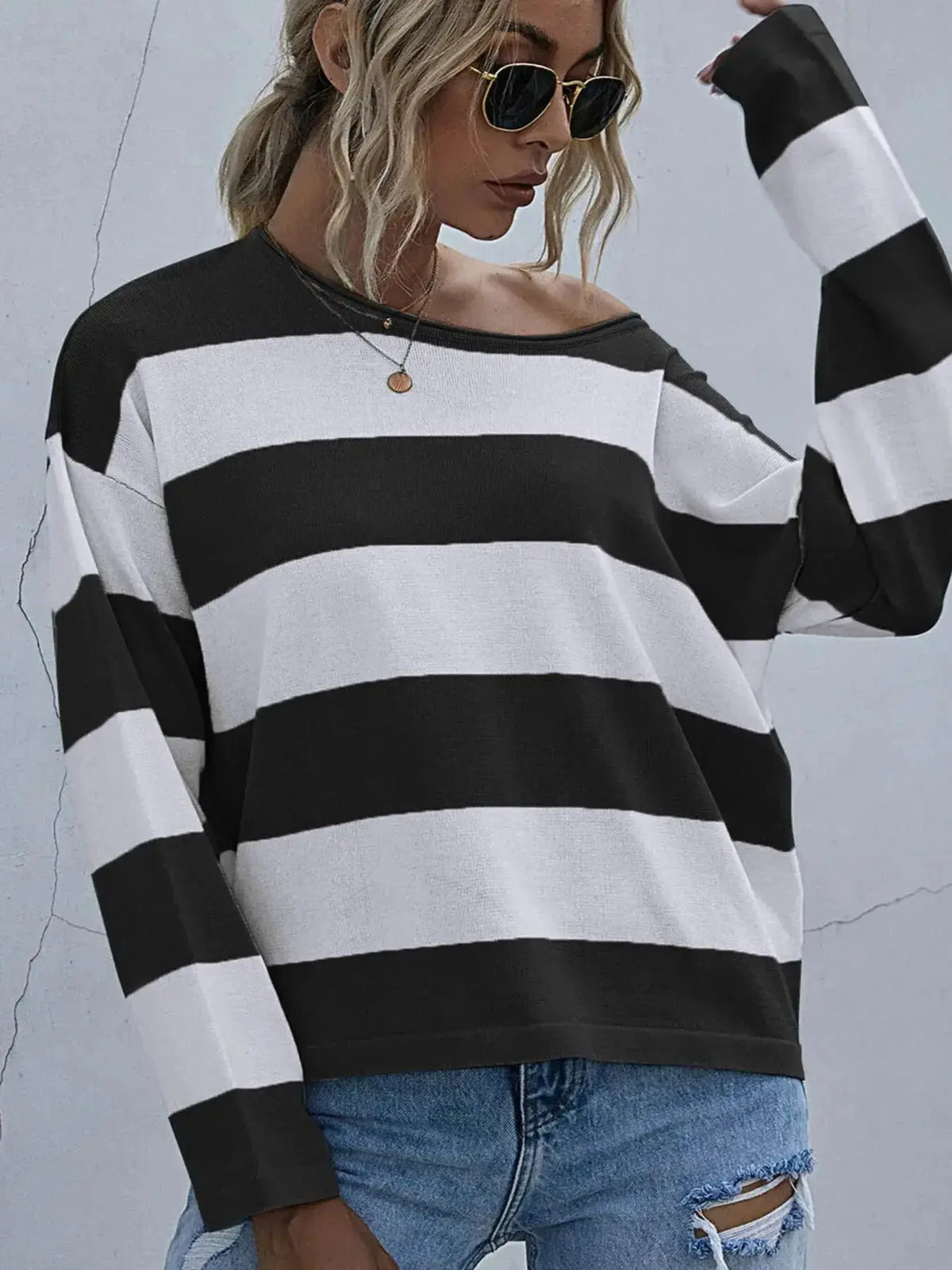Women’s striped long sleeve knit casual crewneck shirt by Plush Fashion Hub, featuring a comfortable fit and classic design.