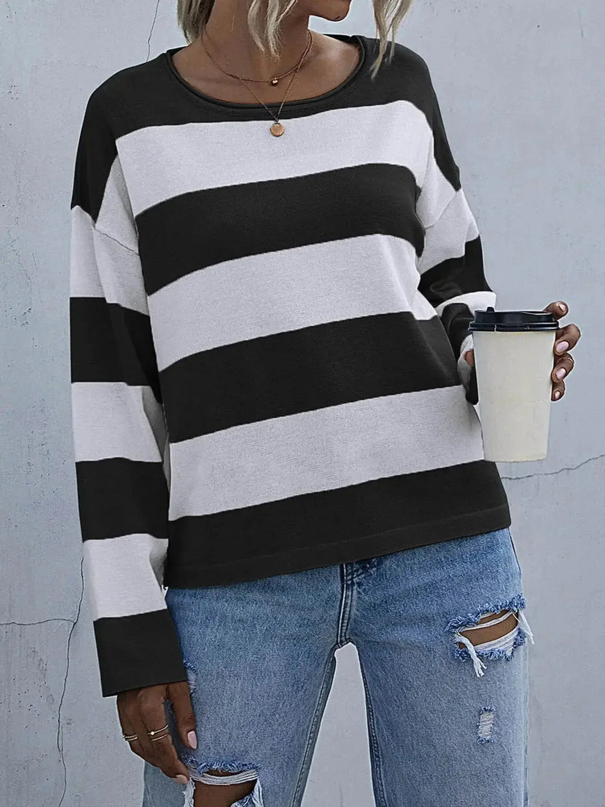 Women's striped long sleeve knit casual crewneck shirt by Plush Fashion Hub, featuring a comfortable, stylish design.