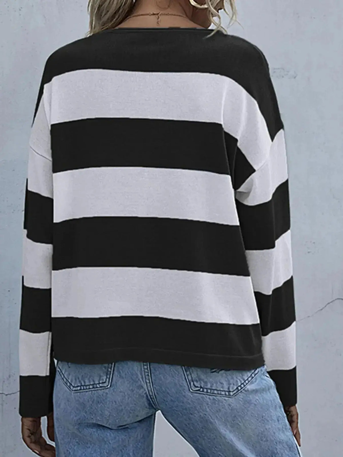 Women's striped long sleeve knit casual crewneck shirt by Plush Fashion Hub, featuring a comfortable fit and stylish design.