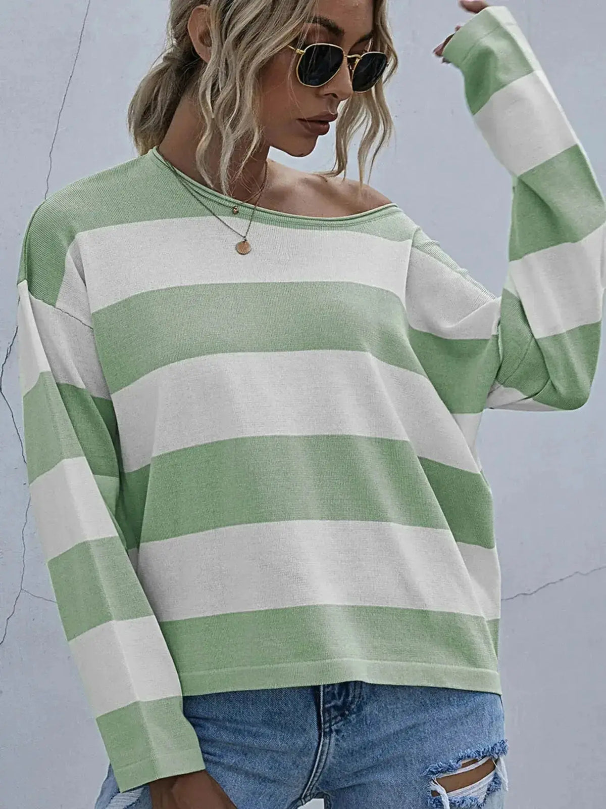 Women’s striped long sleeve knit casual crewneck shirt by Plush Fashion Hub featuring a comfortable, stylish design.