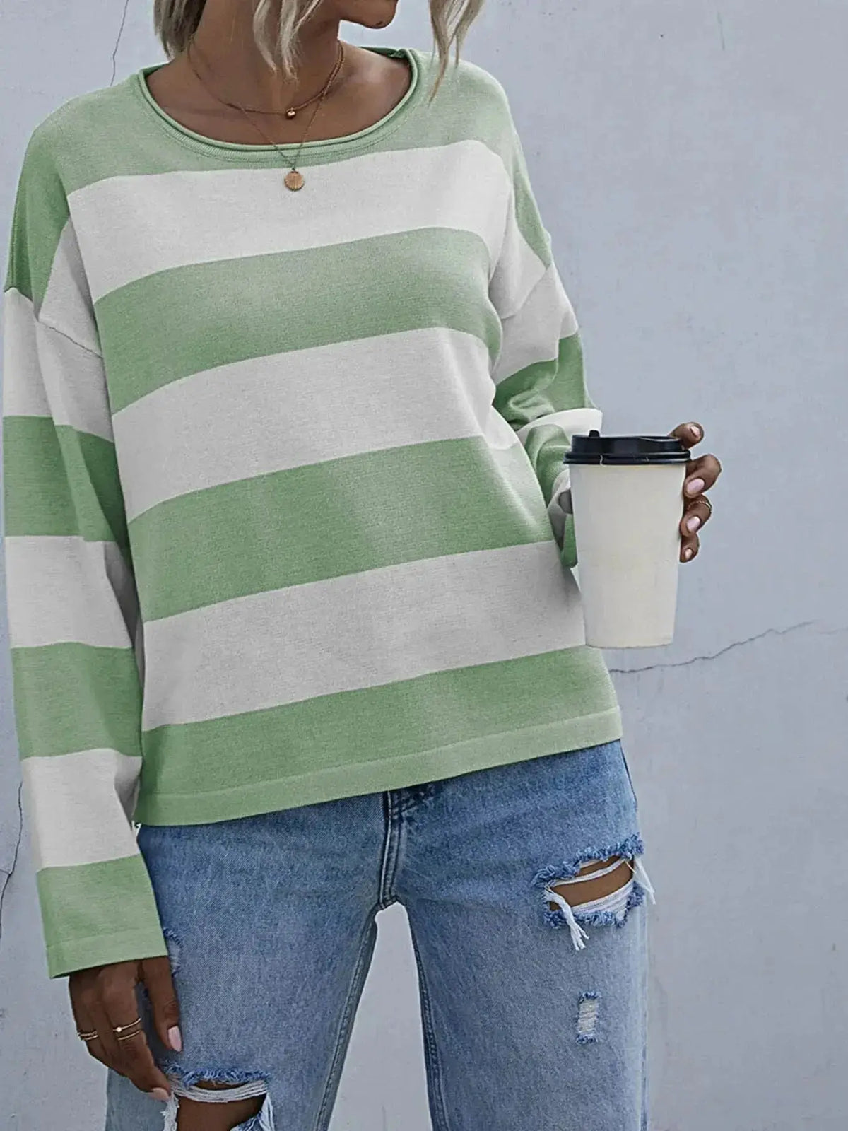 Women’s striped long sleeve knit casual crewneck shirt by Plush Fashion Hub, featuring a comfortable, stylish design.