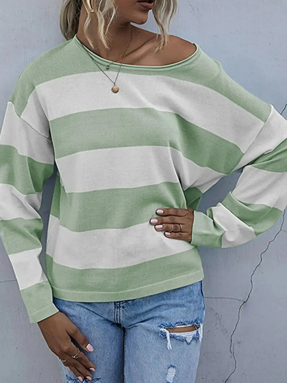 Women's striped long sleeve knit casual crewneck shirt by Plush Fashion Hub, featuring a comfortable, stylish design.