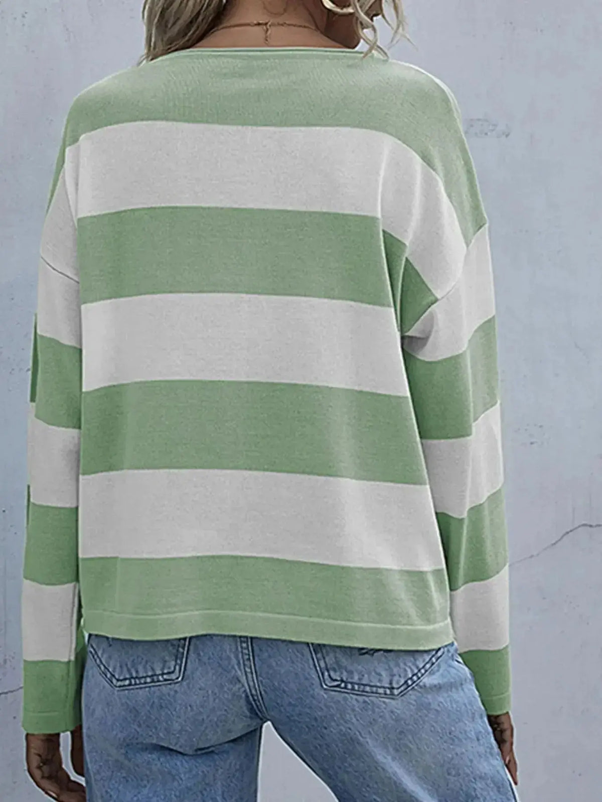 Women’s striped long sleeve knit casual crewneck shirt by Plush Fashion Hub, featuring a comfortable fit and stylish design.