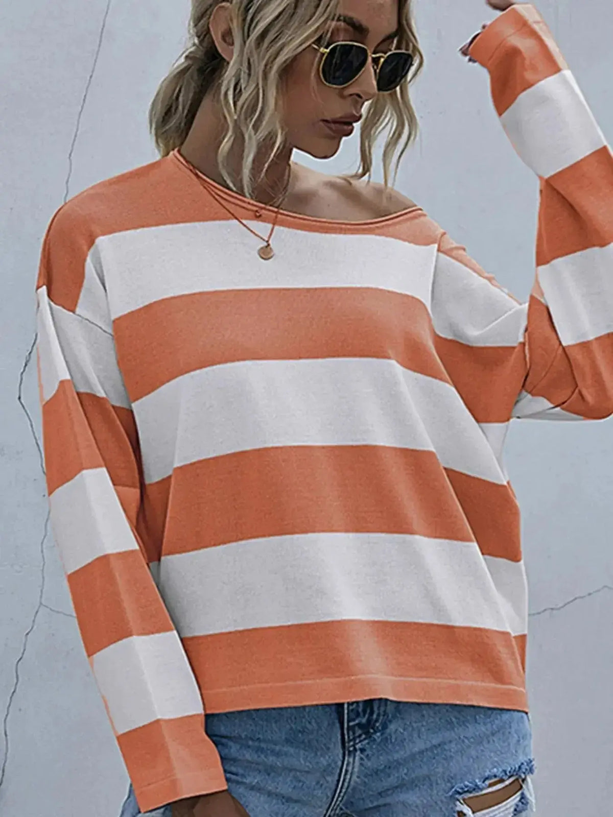 Women's striped long sleeve knit casual crewneck shirt by Plush Fashion Hub, featuring a comfortable fit and stylish design.