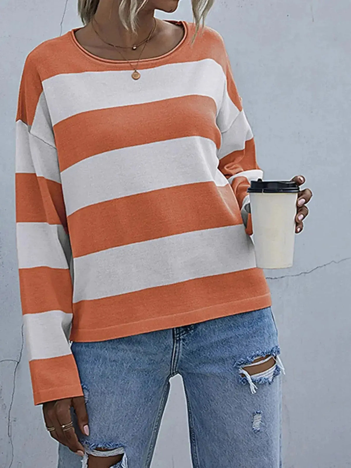 Women’s striped long sleeve knit casual crewneck shirt by Plush Fashion Hub, featuring a comfortable fit and classic design.