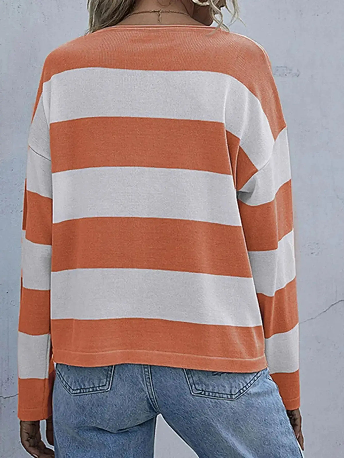 Women’s striped long sleeve knit casual crewneck shirt by Plush Fashion Hub, featuring a comfortable fit and classic design.