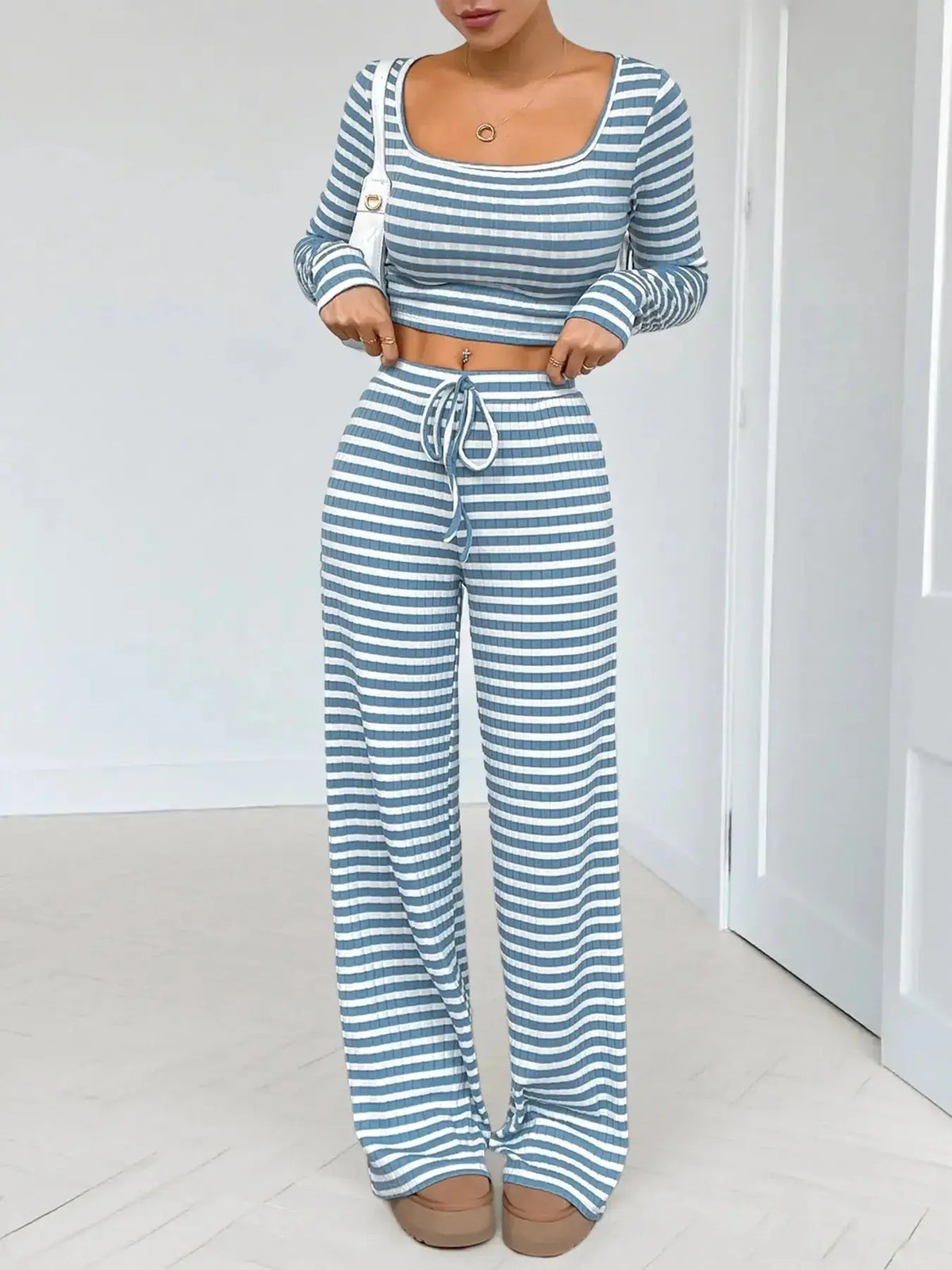 Soft striped women's loungewear set with square neck long sleeves and matching pants from Plush Fashion Hub.