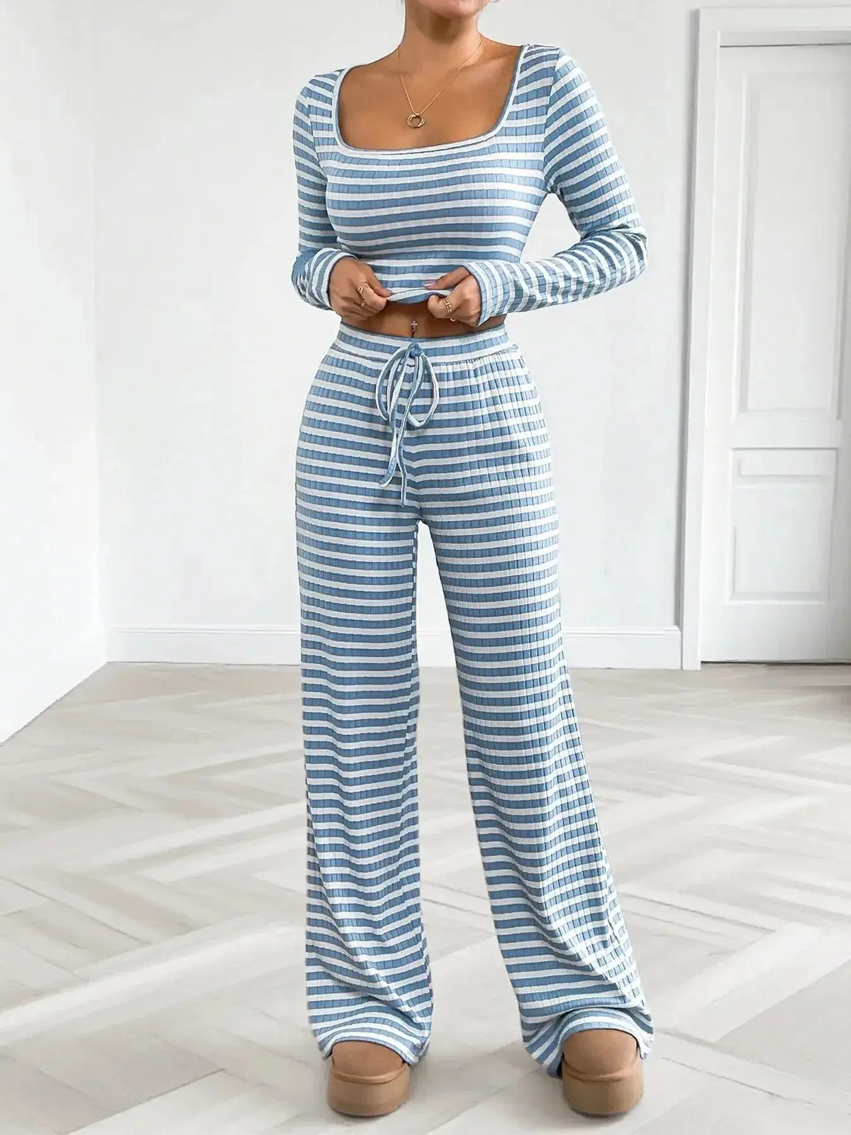 Soft striped women's loungewear set with square neck long sleeves and matching pants from Plush Fashion Hub.