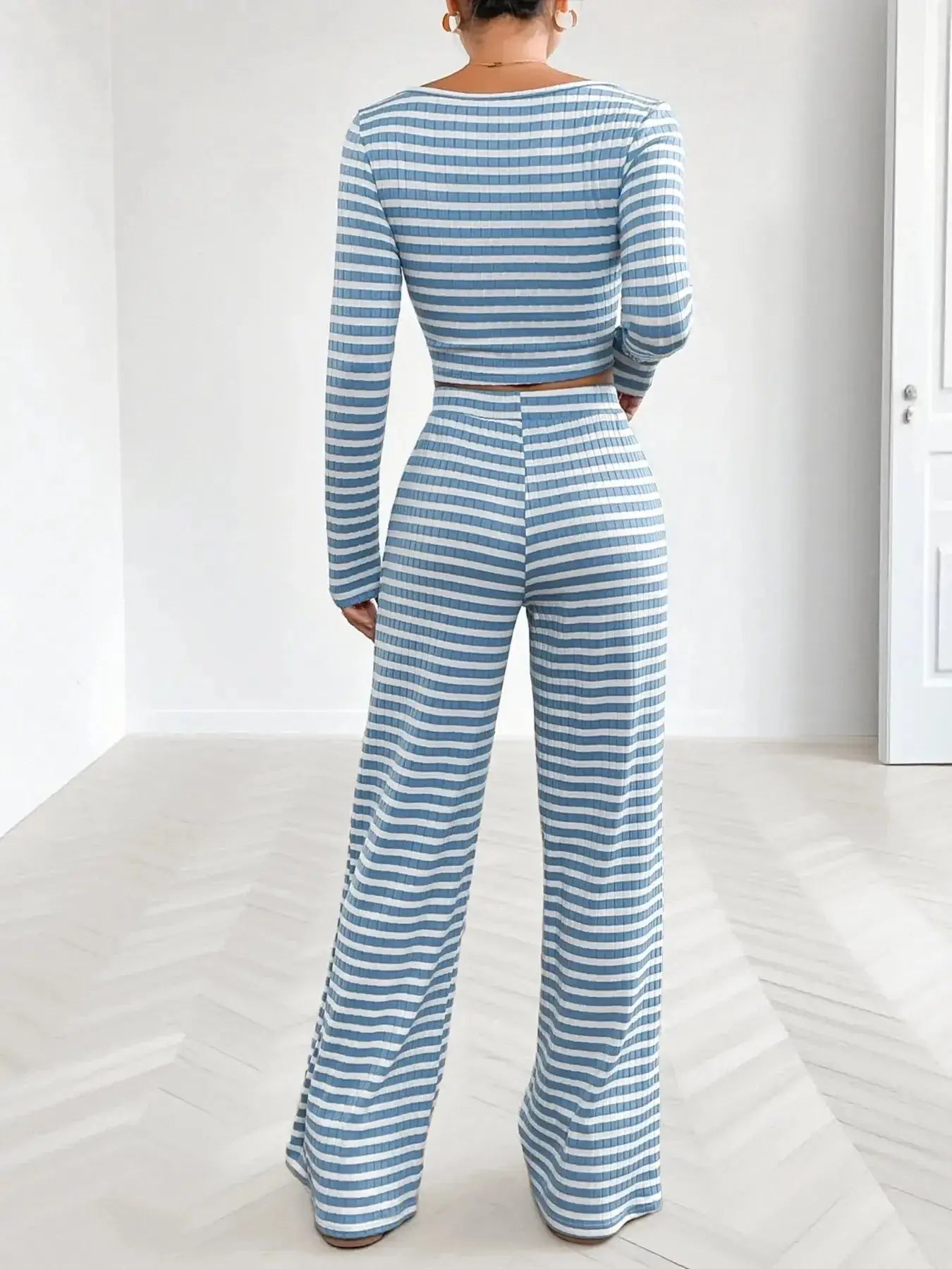Women's striped square neck long sleeve loungewear set with matching pants, soft and stylish two-piece from Trendsi.