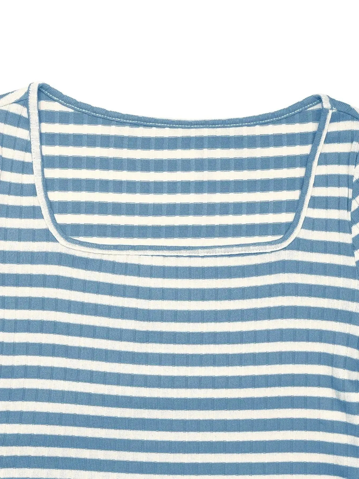 Soft striped women's loungewear set with long sleeves and square neck, featuring matching pants from Plush Fashion Hub.