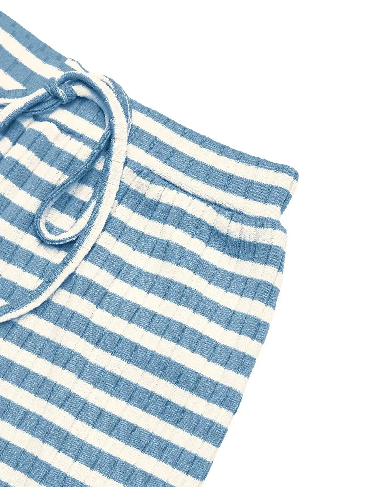 Soft striped women's loungewear set with long sleeves and square neck, featuring matching pants from Plush Fashion Hub.