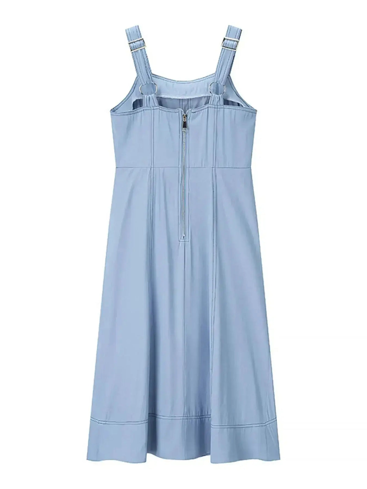 Women’s blue denim sweetheart neck casual jean dress with pockets, featuring a fitted silhouette and stylish design by Plush Fashion Hub.