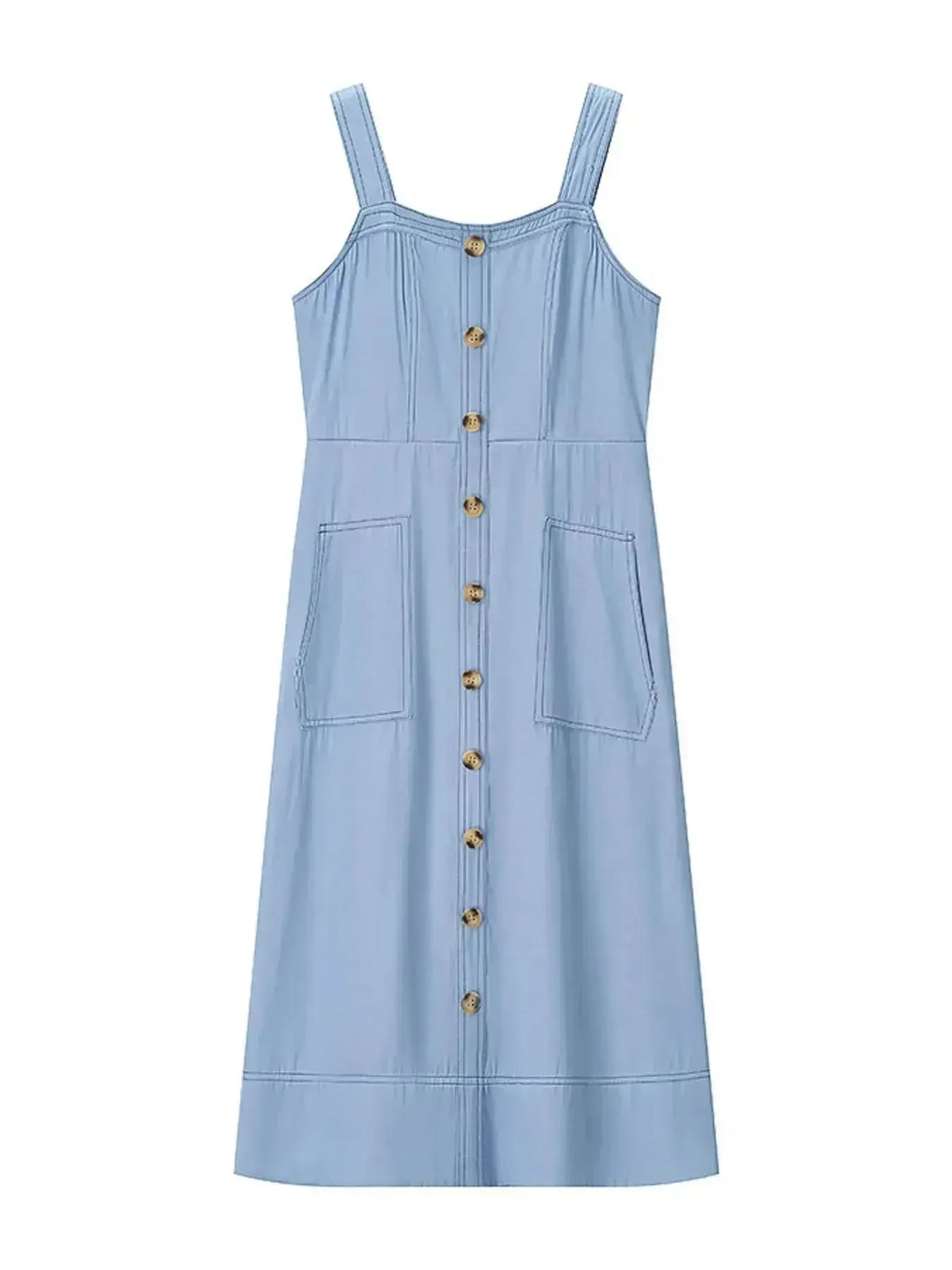 Women wearing a blue denim sweetheart neck casual jean dress with pockets, stylish and comfortable for everyday wear.
