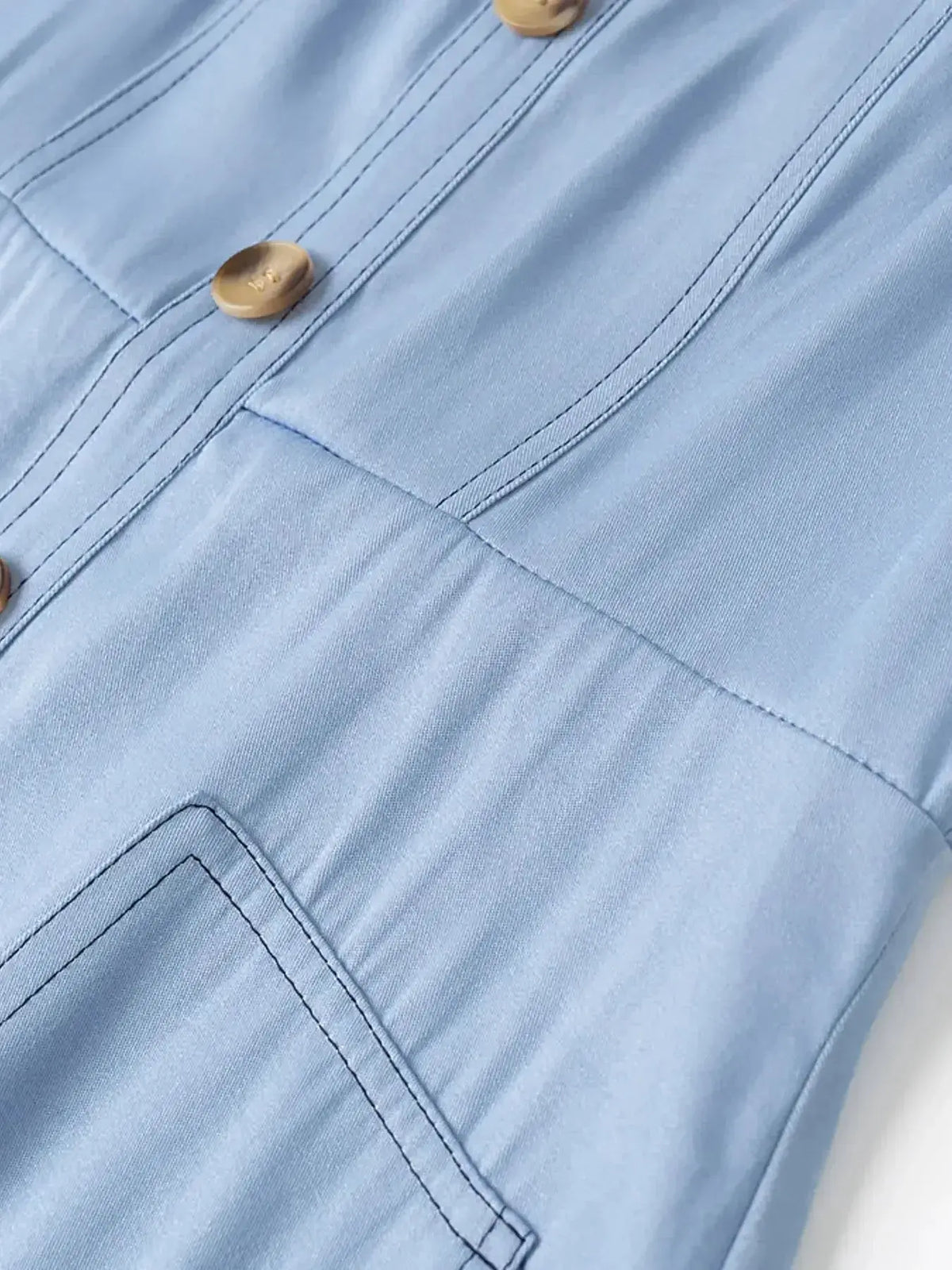 Women’s blue denim sweetheart neck casual jean dress with pockets, stylish and comfortable from Plush Fashion Hub.