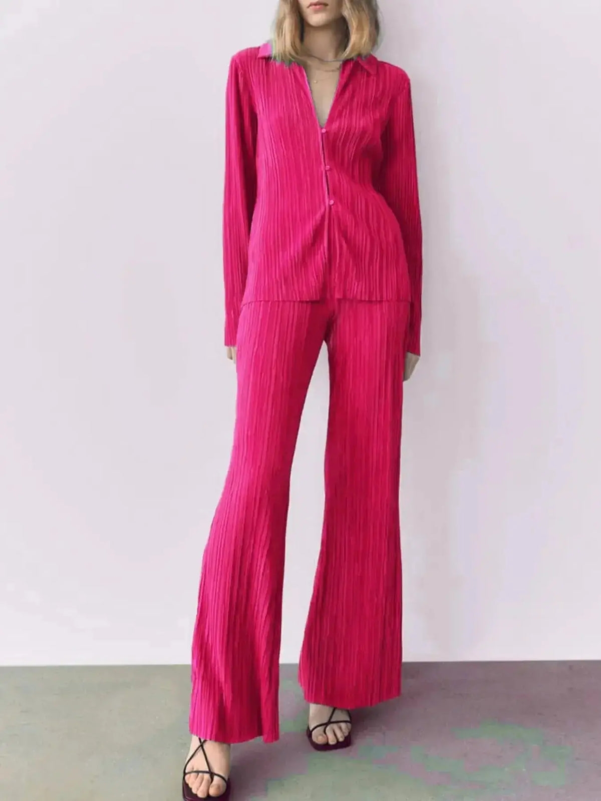Women’s textured long sleeve button-up lounge pajamas set from Plush Fashion Hub, featuring a cozy two-piece design.