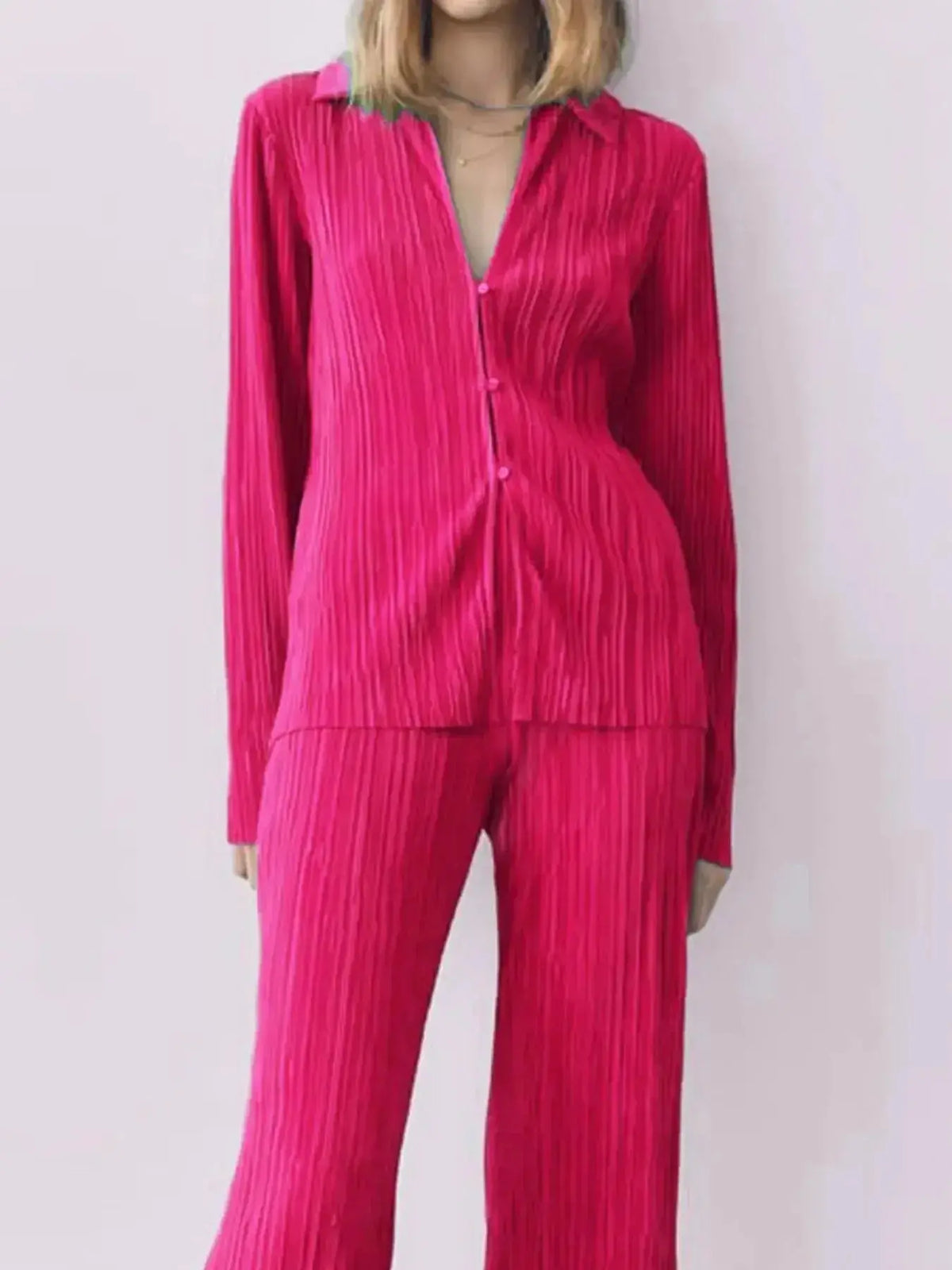 Women’s textured long sleeve button-up lounge set pajamas by Plush Fashion Hub, cozy two-piece sleepwear for relaxed comfort