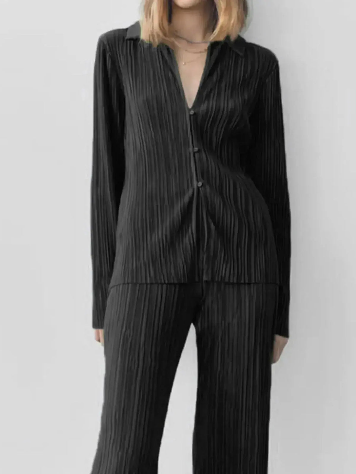 Women’s textured long sleeve Pajamas set by Plush Fashion Hub featuring a cozy button-up two-piece lounge and sleepwear ensemble.
