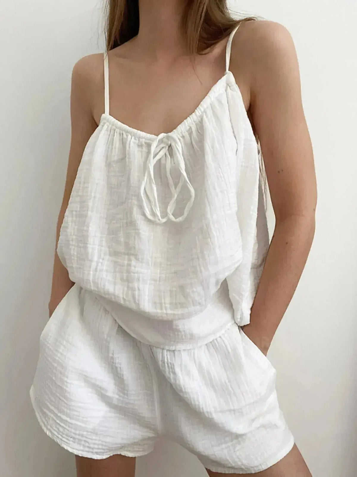 Women’s soft stretch tie-front cami and shorts loungewear pajama set by Plush Fashion Hub, featuring comfortable, relaxed sleepwear.