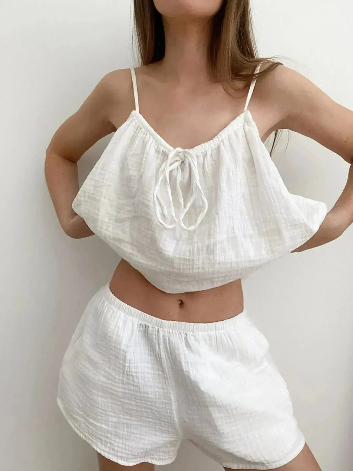 Women’s soft stretch tie-front cami and shorts loungewear pajama set by Plush Fashion Hub, featuring a comfortable and stylish design.