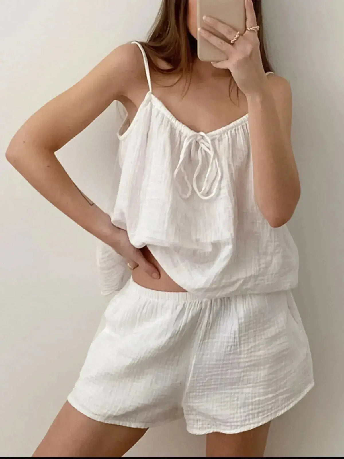 Women’s soft stretch tie-front cami and shorts loungewear pajama set by Plush Fashion Hub, featuring comfortable and stylish sleepwear.