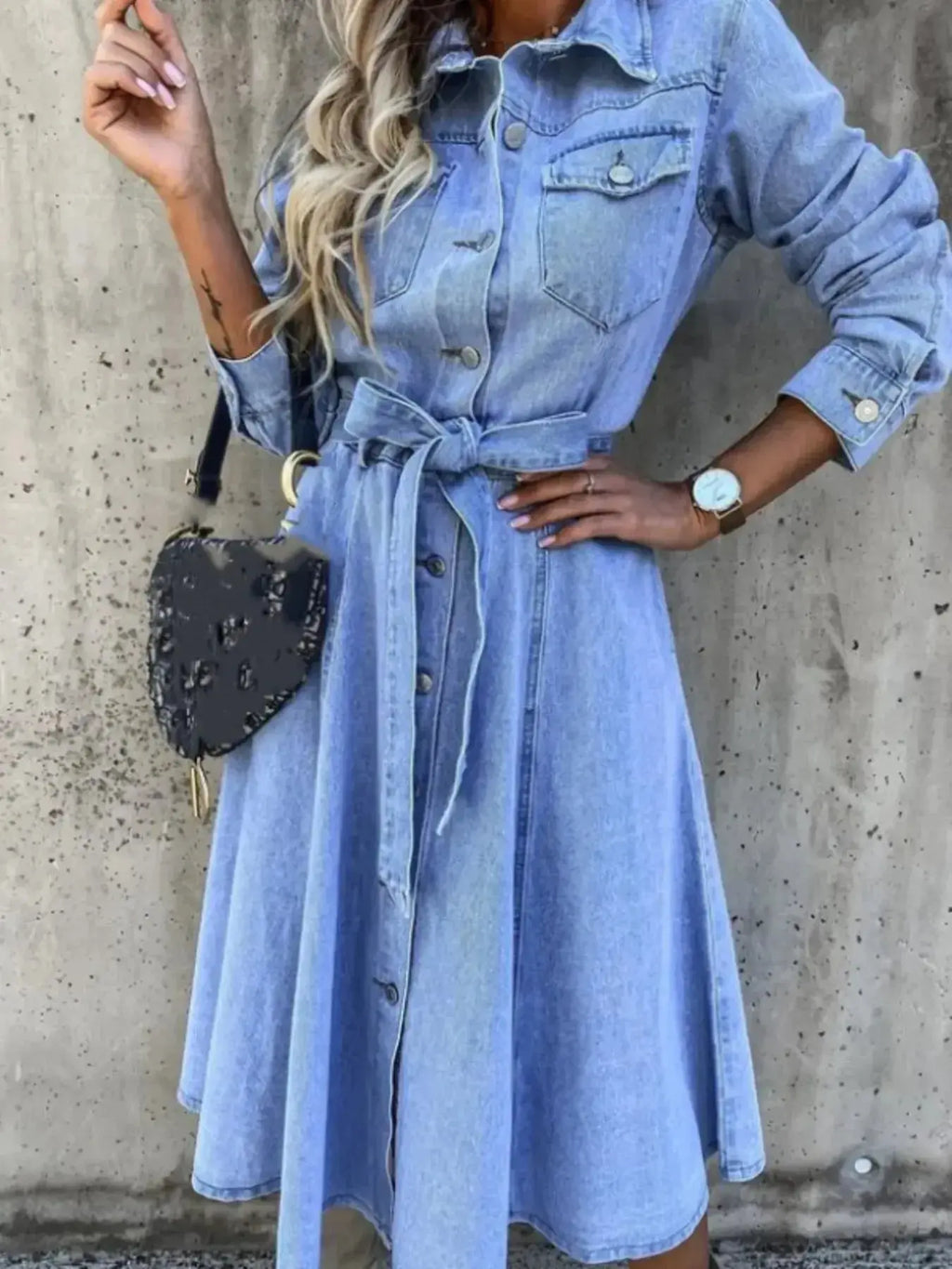 Women's denim shirt dress with tie waist and button-front, casual midi style by Trendsi, perfect for relaxed everyday wear.