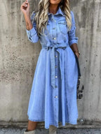 Women’s denim shirt dress with tie waist, button-front closure, casual midi length, by Trendsi.