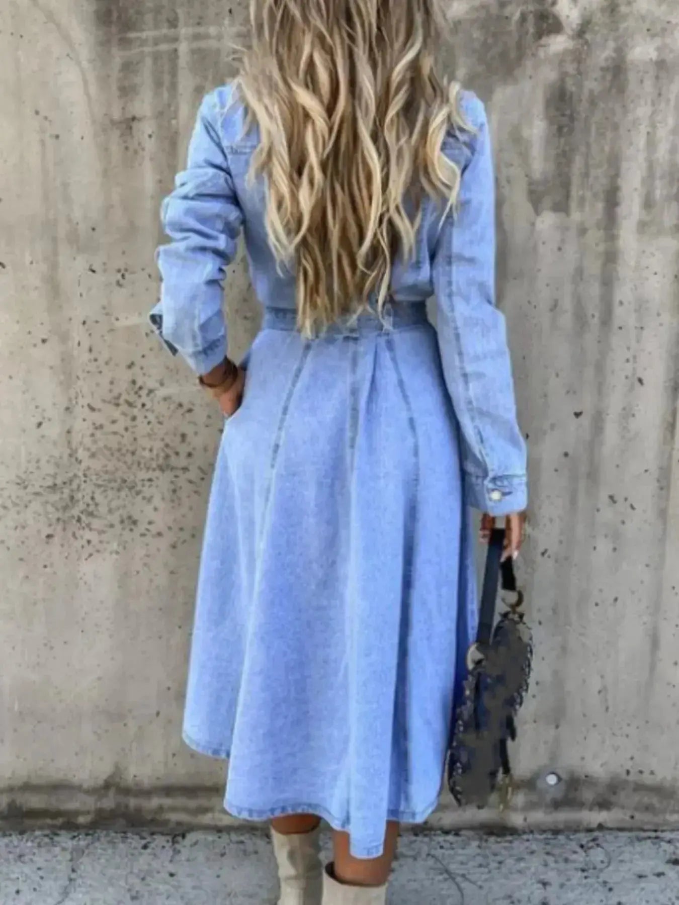 Women's tie-waist denim shirt dress with button front, casual midi length, by Trendsi, perfect for a stylish everyday look.