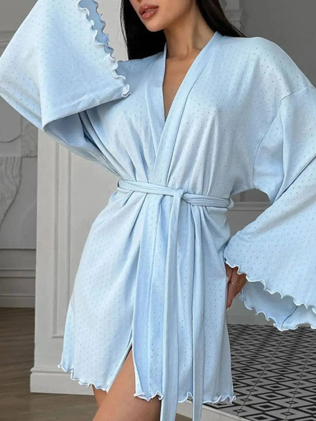 Women’s soft cotton blend kimono sleeve lounge nightgown with a tie waist, ideal for comfortable pajamas from Plush Fashion Hub.