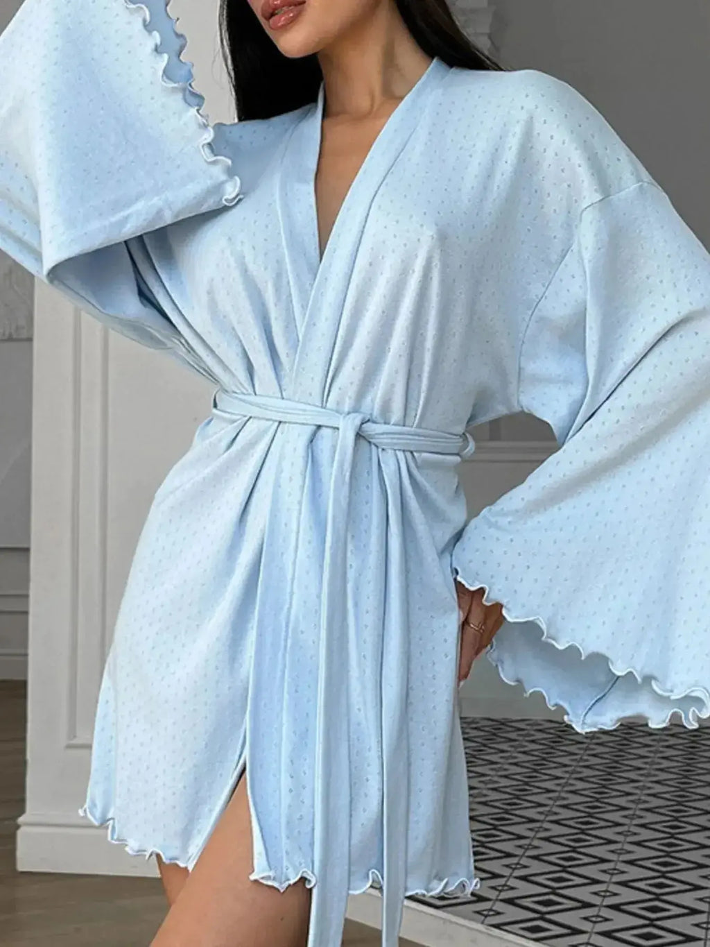 Women's tie waist kimono sleeve lounge nightgown made of soft cotton blend, stylish and comfortable pajamas by Trendsi.