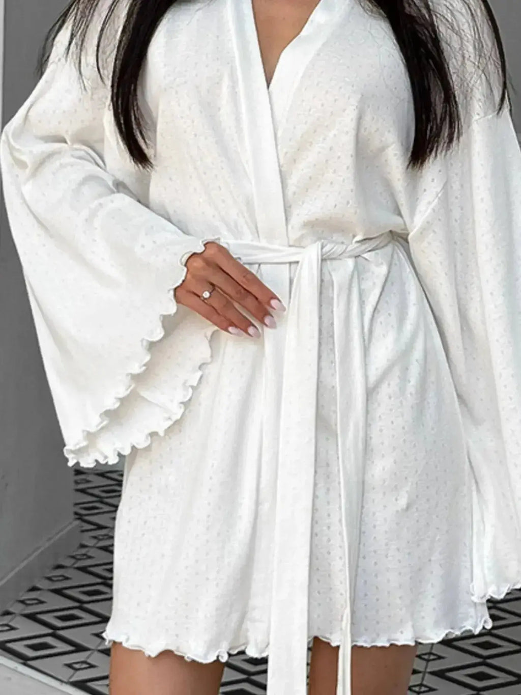 Women’s tie waist kimono sleeve lounge nightgown made of soft cotton blend, featuring relaxed fit and comfortable design.