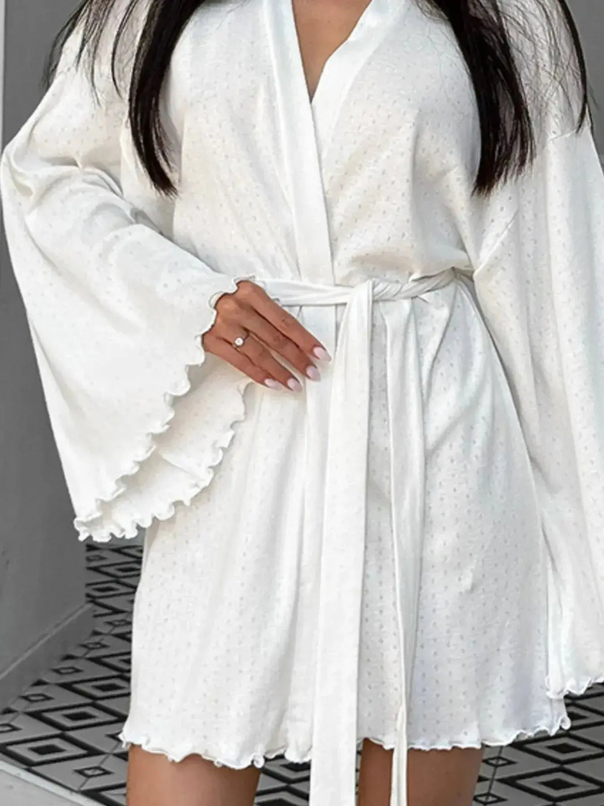 Women's soft cotton blend kimono sleeve lounge nightgown with tie waist, comfortable pajamas from Plush Fashion Hub.