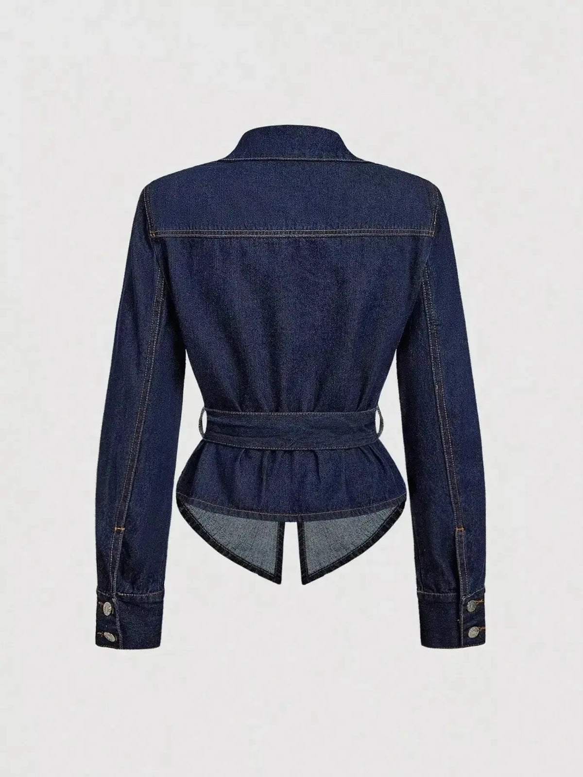 Women’s structured cotton blend long sleeve denim jacket with tie waist from Plush Fashion Hub, stylish and versatile for casual wear.