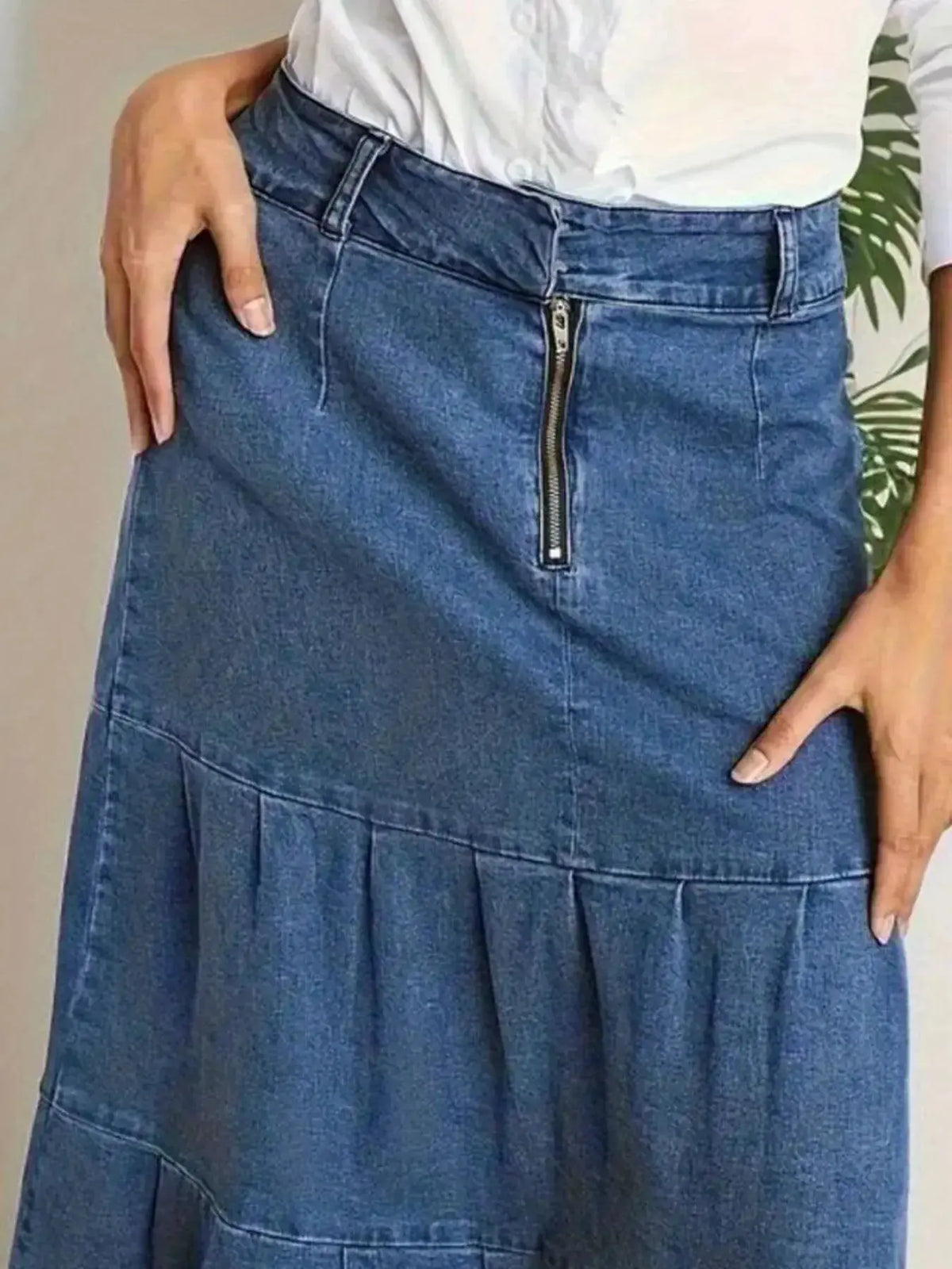 Women’s tiered maxi denim skirt with ruched zipper detail by Plush Fashion Hub, showcasing a stylish flowy silhouette and trendy design.