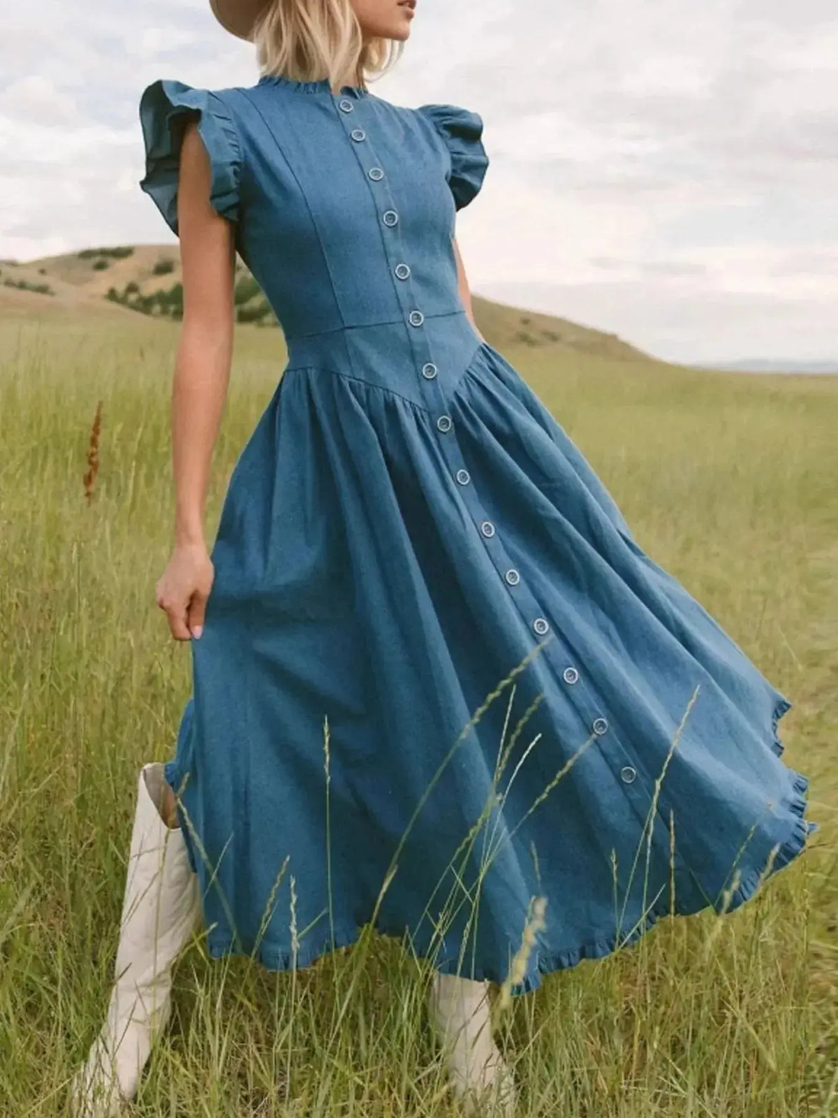Women’s tiered ruffled cap sleeve denim midi summer dress by Plush Fashion Hub, showing a casual sleeveless denim dress with ruffle details.