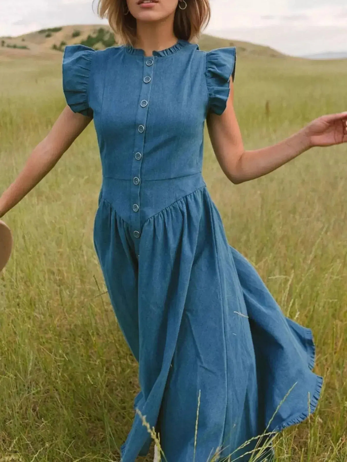 Women wearing a tiered ruffled cap sleeve denim midi summer dress by Plush Fashion Hub, showcasing casual style and trendy design.