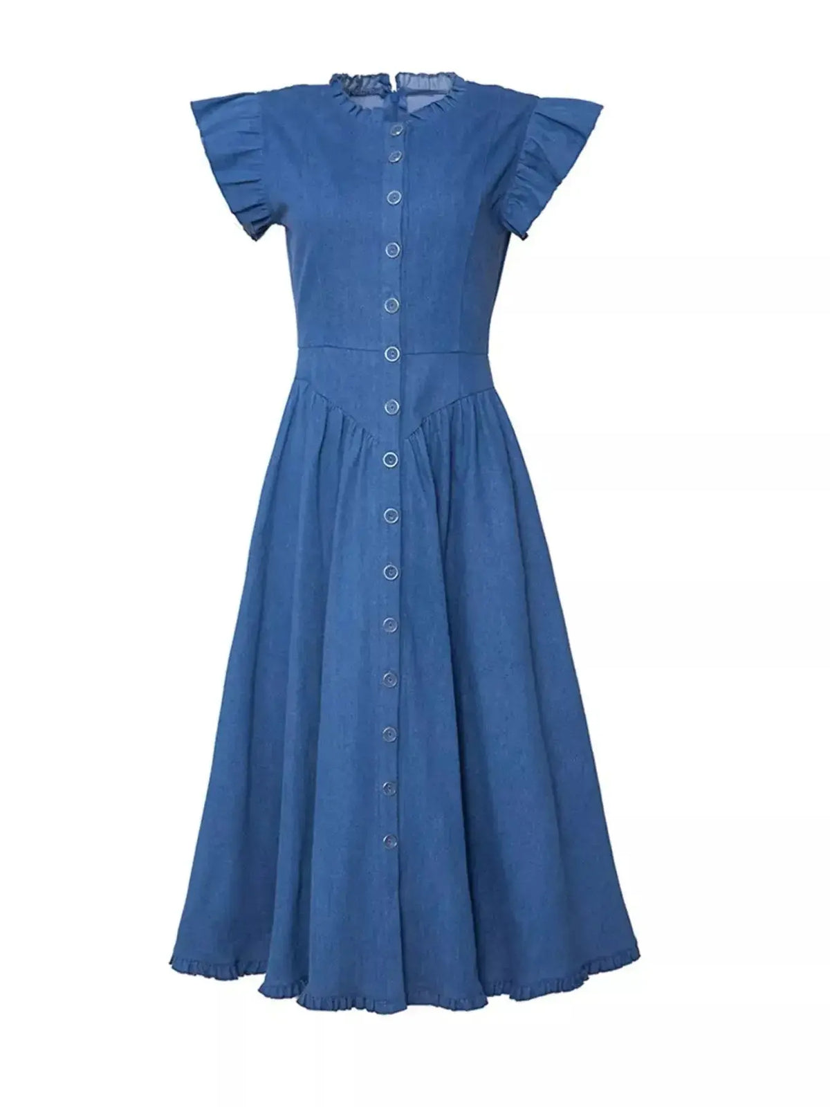 Women’s tiered ruffled cap sleeve denim midi summer dress by Plush Fashion Hub, featuring casual style with ruffles and a relaxed fit.