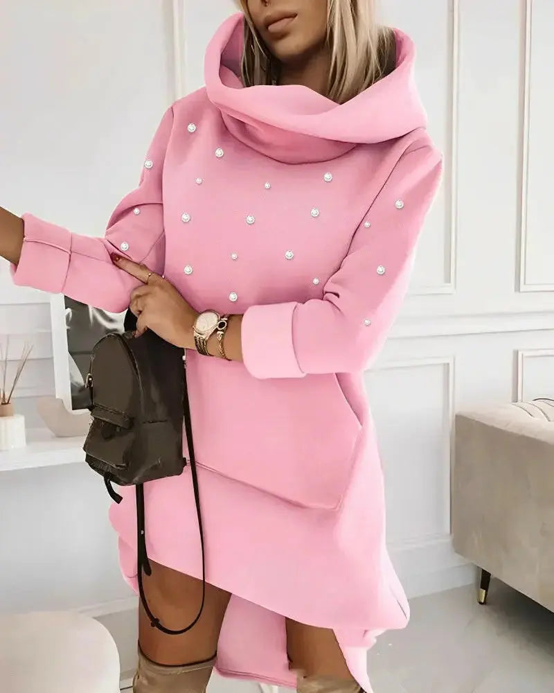 Women’s mid-length turtleneck hoodie sweater by Plush Fashion Hub, soft knit pullover with hood and cozy fit.