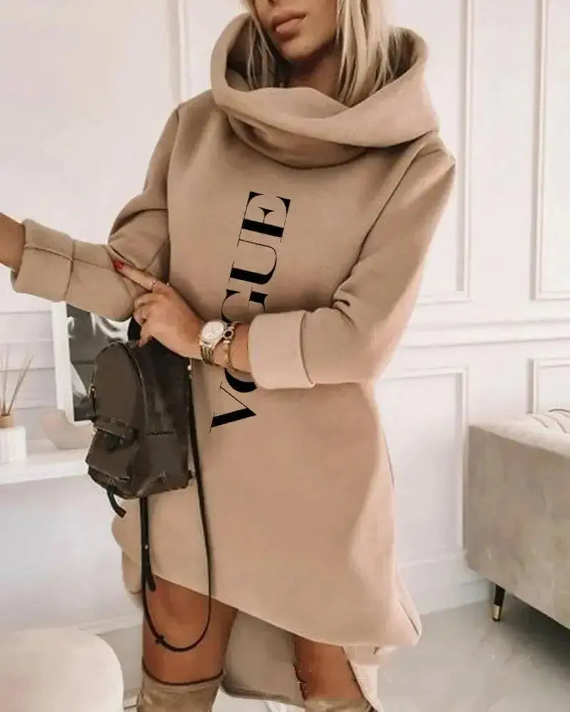 Women’s mid-length turtleneck hoodie sweater by Plush Fashion Hub, soft knit pullover with a cozy hood and relaxed fit.