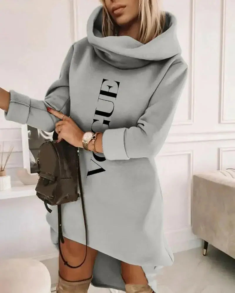Women’s mid-length plush fashion hoodie sweater with turtleneck and hood, soft knit pullover for cozy comfort.