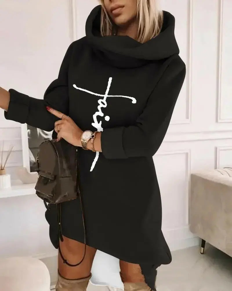 Women’s mid-length turtleneck hoodie sweater by Plush Fashion Hub, soft knit pullover with hood and relaxed fit.