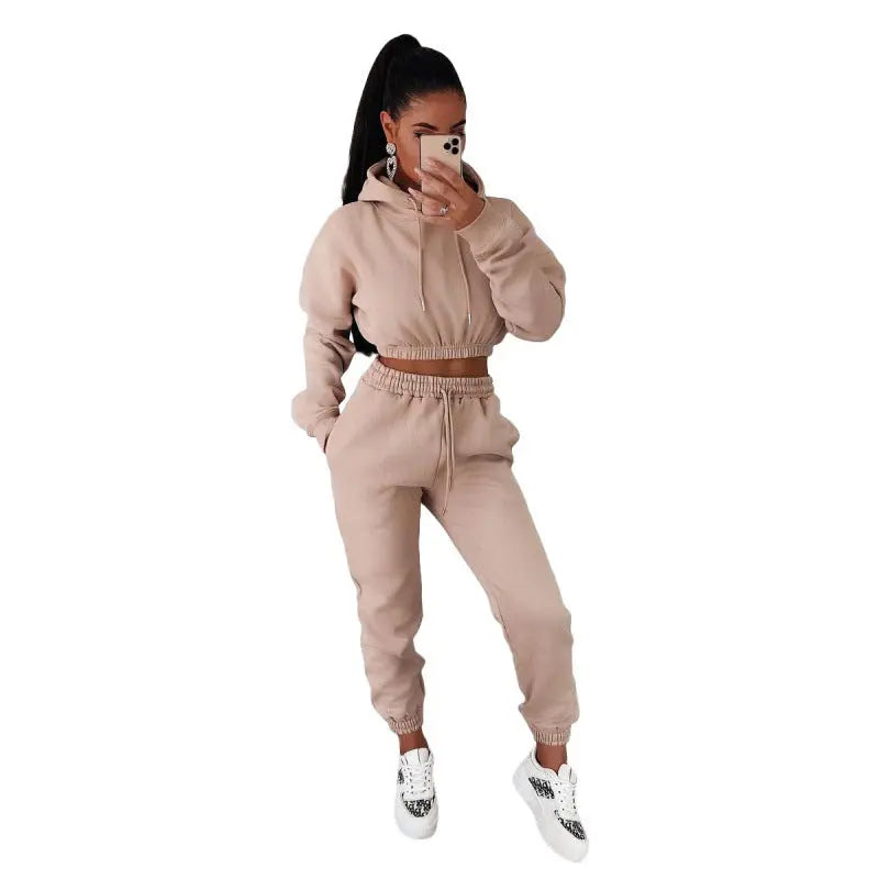Women's Velvet Padded Hooded Sweatshirt Casual Two-piece Suit - Plush Fashion Hub