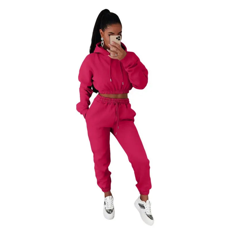 Women's Velvet Padded Hooded Sweatshirt Casual Two-piece Suit - Plush Fashion Hub