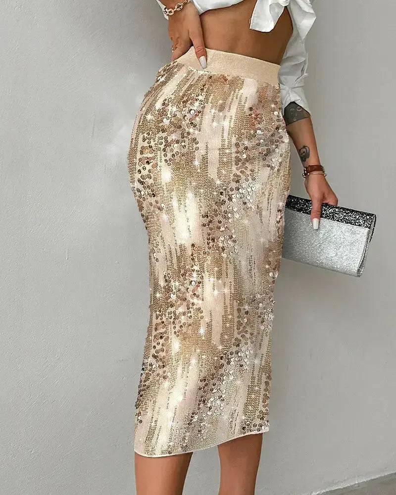 Women's solid color sequin high-waisted evening skirt with a shimmer finish, stylish umbrella silhouette from Plush Fashion Hub.