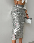 Women’s high-waisted sequin umbrella skirt in solid color, featuring a shimmering shimmer design for evening wear.