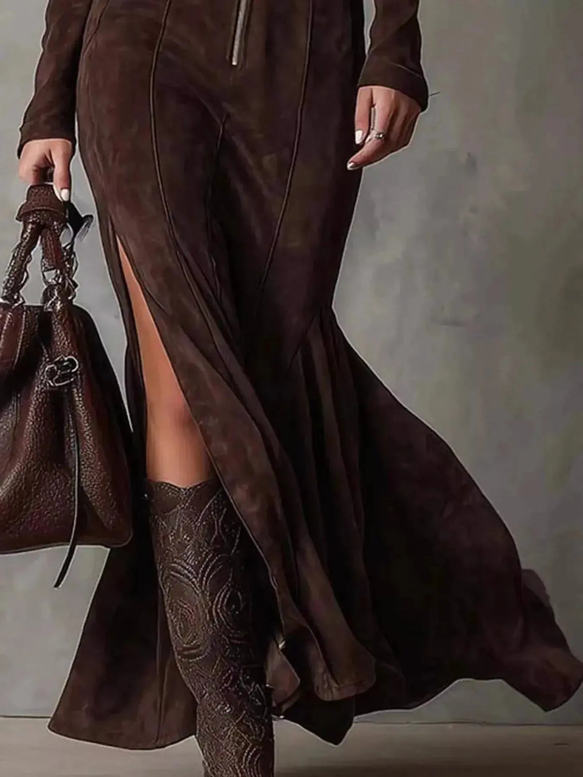 Plus size women’s zipper front slit maxi dress by Plush Fashion Hub, elegant casual evening dress with a flowing silhouette.