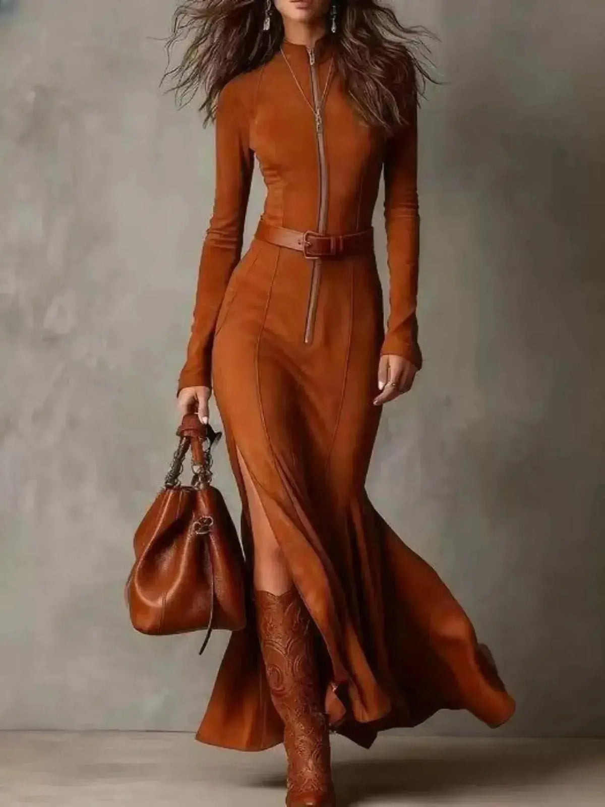 Plus size women's zipper front slit maxi dress by Plush Fashion Hub, elegant casual evening dress with a stylish slit detail.