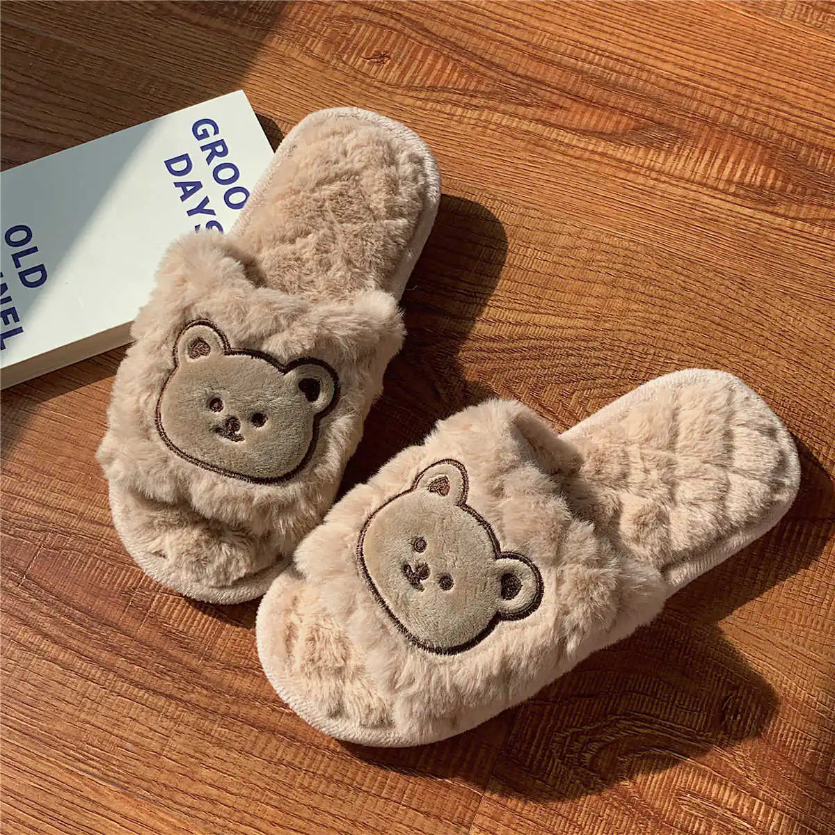 Cute bear cotton slippers for women in autumn and winter, featuring cozy design and soft fabric from Trendy Attic Store01.