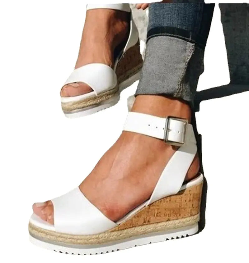 Korean style women's summer wedge peep-toe heels sandals with casual design and comfortable fit, featuring neutral tones and stylish details.