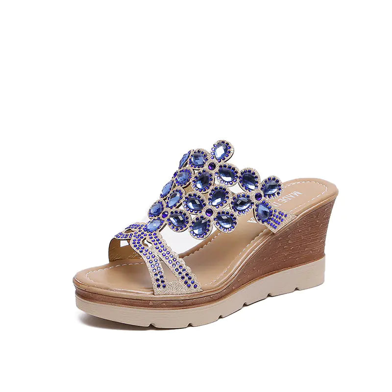 Women rhinestone platform sandals with heels featuring sparkling embellishments and open-toe design, stylish for summer wear.