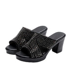 Women rhinestone platform high heels sandals with thick heels and sparkling rhinestone details, stylish footwear for special occasions.